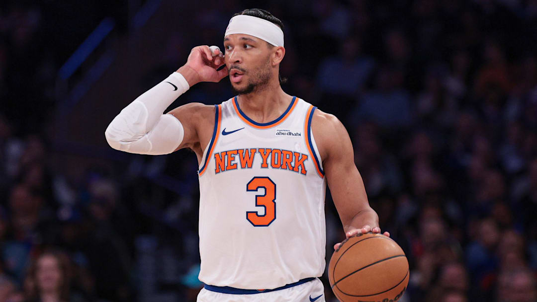 Feb 19, 2026; New York, New York, USA; New York Knicks guard Josh Hart (3) dribbles up court against the Detroit Pistons during the first half at Madison Square Garden. Mandatory Credit: Vincent Carchietta-Imagn Images
