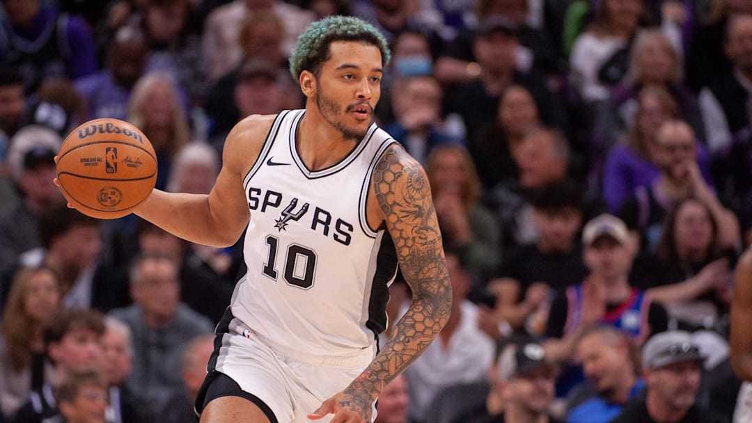 San Antonio Spurs forward Jeremy Sochan (10) pushes the ball up the court during the fourth quarter of the game against the Sacramento Kings at Golden 1 Center. San Antonio Spurs forward Jeremy Sochan (10) pushes the ball up the court during the fourth quarter of the game against the Sacramento Kings at Golden 1 Center.