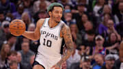 San Antonio Spurs forward Jeremy Sochan (10) pushes the ball up the court during the fourth quarter of the game against the Sacramento Kings at Golden 1 Center.