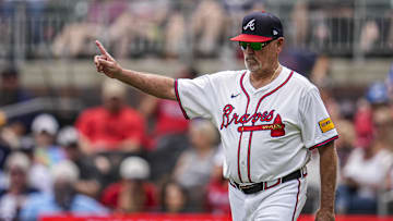 Jun 5, 2025; Cumberland, Georgia, USA; Atlanta Braves manager Brian Snitker (43) walks to the pitchers mound to change pitchers against the Arizona Diamondbacks during the ninth inning at Truist Park. Mandatory Credit: Dale Zanine-Imagn Images