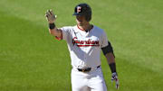 Jun 28, 2025; Cleveland, Ohio, USA; Cleveland Guardians center fielder Lane Thomas (8) celebrates his double in the fourth inning against the St. Louis Cardinals at Progressive Field. Mandatory Credit: David Richard-Imagn Images