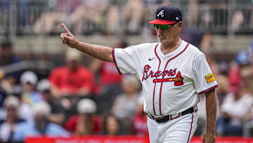 Jun 5, 2025; Cumberland, Georgia, USA; Atlanta Braves manager Brian Snitker (43) walks to the pitchers mound to change pitchers against the Arizona Diamondbacks during the ninth inning at Truist Park. Mandatory Credit: Dale Zanine-Imagn Images