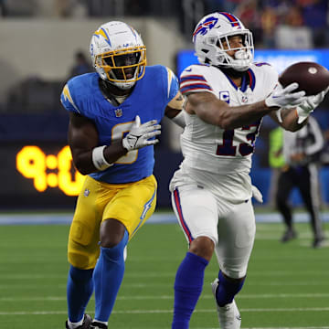Dec 23, 2023; Inglewood, California, USA;  Buffalo Bills wide receiver Gabe Davis (13) cathces 57-yard touchdown pass during the second quarter against the Los Angeles Chargers at SoFi Stadium.