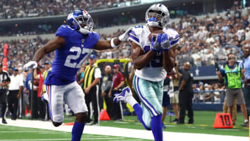 Sep 8, 2019; Arlington, TX, USA; Dallas Cowboys receiver Amari Cooper (19) catches a second quarter touchdown pass against New York Giants cornerback DeAndre Baker (27) at AT&T Stadium. Mandatory Credit: Matthew Emmons-USA TODAY Sports