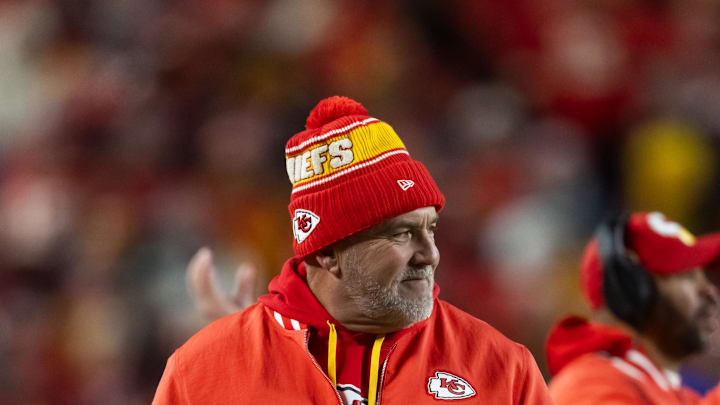 Jan 26, 2025; Kansas City, MO, USA; Kansas City Chiefs special teams coordinator Dave Toub against the Buffalo Bills in the AFC Championship game at GEHA Field at Arrowhead Stadium. Mandatory Credit: Mark J. Rebilas-Imagn Images