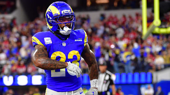 Oct 2, 2025; Inglewood, California, USA; Los Angeles Rams running back Kyren Williams (23) reacts after rushing for a touchdown against the San Francisco 49ers during the first half at SoFi Stadium. Mandatory Credit: Gary A. Vasquez-Imagn Images Oct 2, 2025; Inglewood, California, USA; Los Angeles Rams running back Kyren Williams (23) reacts after rushing for a touchdown against the San Francisco 49ers during the first half at SoFi Stadium. Mandatory Credit: Gary A. Vasquez-Imagn Images