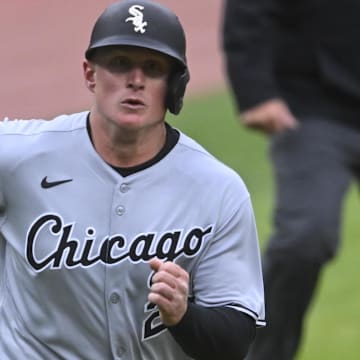 Chicago White Sox first baseman Andrew Vaughn (25) scores against the Cleveland Guardians at Progressive Field. 