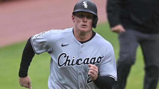 Chicago White Sox first baseman Andrew Vaughn (25) scores against the Cleveland Guardians at Progressive Field. 