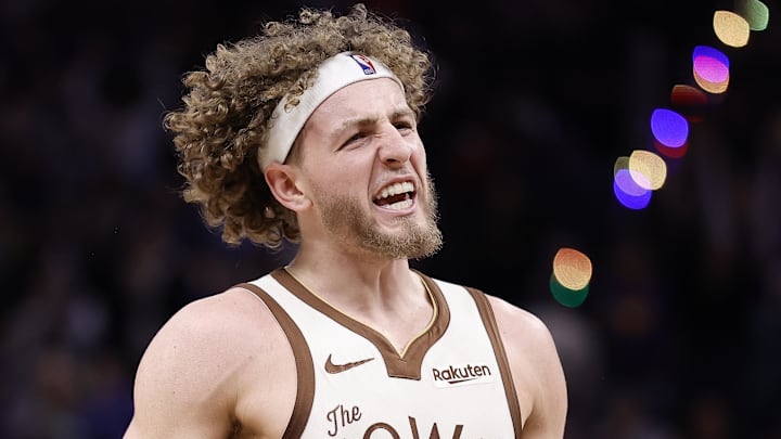 Feb 9, 2026; San Francisco, California, USA; Golden State Warriors guard Brandin Podziemski (2) celebrates after a win against the Memphis Grizzlies at Chase Center. Mandatory Credit: Kelley L Cox-Imagn Images