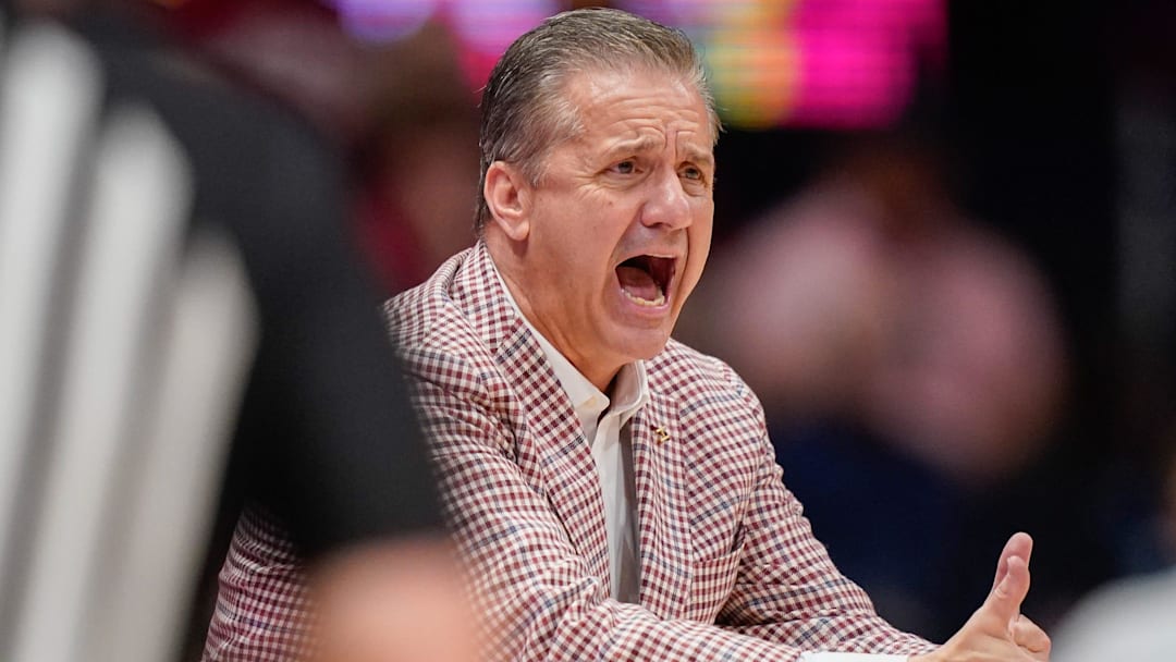 Arkansas coach John Calipari reacts to a call during the first half of the SEC tournament championship game against Vanderbilt at Bridgestone Arena in Nashville, Tenn.
