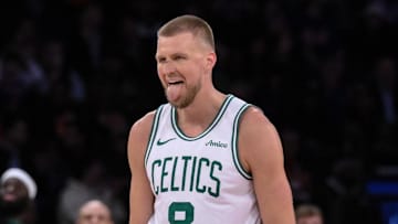 Boston Celtics center Kristaps Porzingis (8) reacts during the second half against the New York Knicks