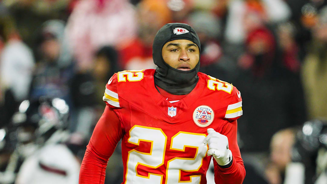 Jan 18, 2025; Kansas City, Missouri, USA; Kansas City Chiefs cornerback Trent McDuffie (22) reacts during the second half against Houston Texans in a 2025 AFC divisional round game at GEHA Field at Arrowhead Stadium. Mandatory Credit: Jay Biggerstaff-Imagn Images Jan 18, 2025; Kansas City, Missouri, USA; Kansas City Chiefs cornerback Trent McDuffie (22) reacts during the second half against Houston Texans in a 2025 AFC divisional round game at GEHA Field at Arrowhead Stadium. Mandatory Credit: Jay Biggerstaff-Imagn Images