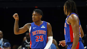 Oct 6, 2025; Memphis, Tennessee, USA; Detroit Pistons guard Marcus Sasser (25) reacts after a basket during the third quarter against the Memphis Grizzlies at FedExForum.