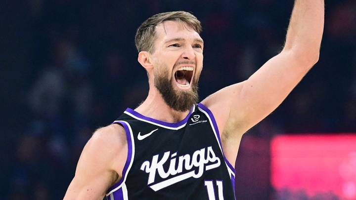 Jan 23, 2026; Cleveland, Ohio, USA; Sacramento Kings forward Domantas Sabonis (11) celebrates after hitting a three point basket against the Cleveland Cavaliers during the first half at Rocket Arena. Mandatory Credit: Ken Blaze-Imagn Images
