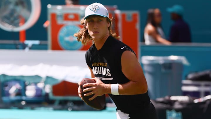 Sep 8, 2024; Miami Gardens, Florida, USA; Jacksonville Jaguars quarterback Trevor Lawrence (16) practices before the game against the Miami Dolphins at Hard Rock Stadium. Mandatory Credit: Sam Navarro-Imagn Images