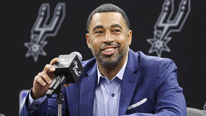 Jun 24, 2023; San Antonio, TX, USA; San Antonio Spurs general manager Brian Wright speaks at a press conference at AT&T Center. Mandatory Credit: Troy Taormina-Imagn Images