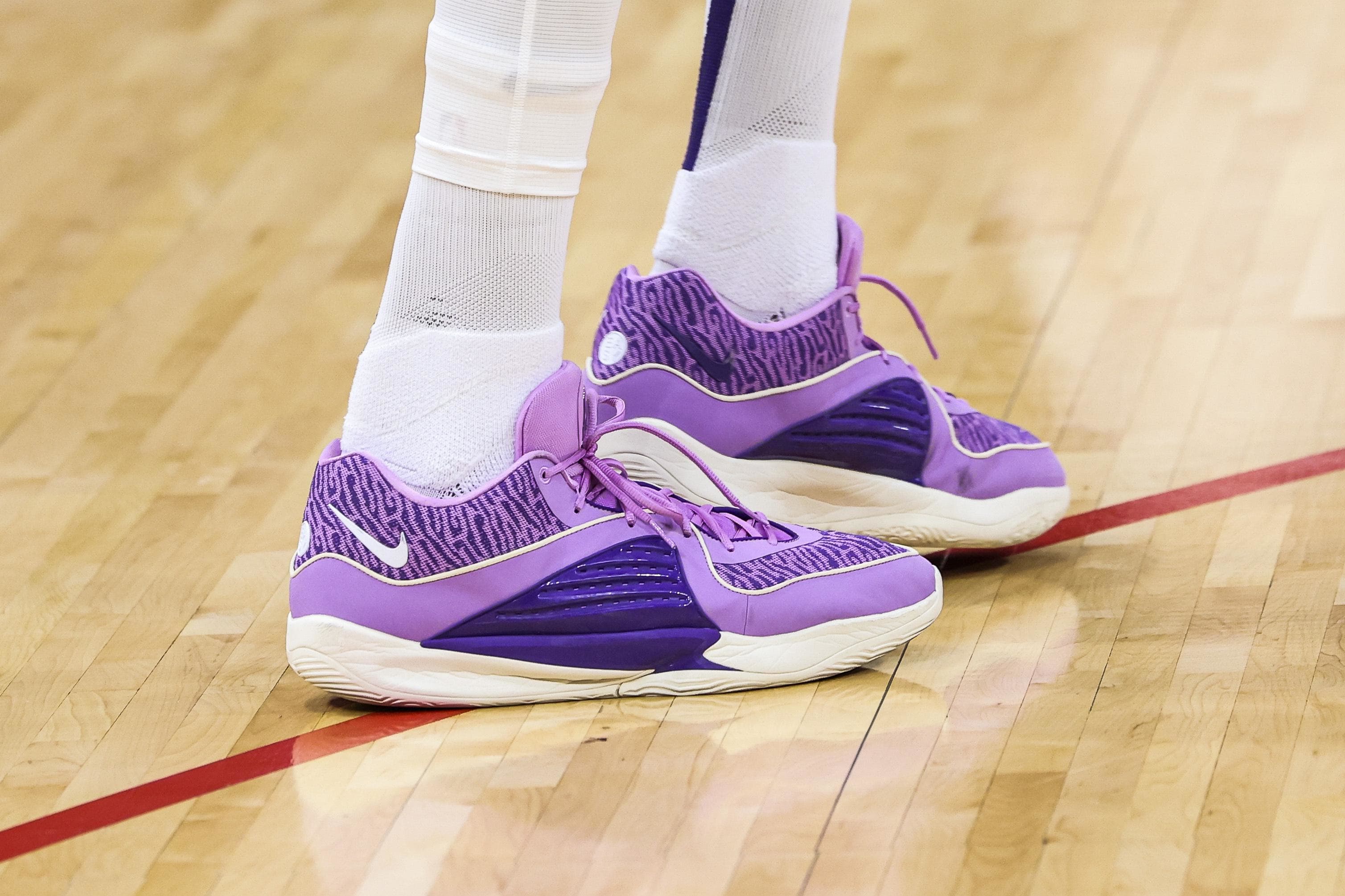 Phoenix Suns forward Kevin Durant's purple Nike sneakers.