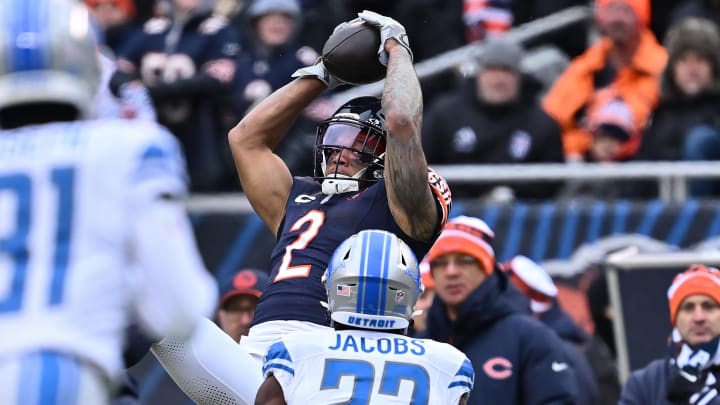 DJ Moore hauls in a first-down catch against the Detroit Lions in last year's Bears win at Soldier Field. More balance in the offense could mean less output from Moore for fantasy football this year.