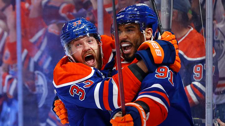 Jun 6, 2025; Edmonton, Alberta, CAN; Edmonton Oilers left wing Evander Kane (91) reacts with left wing Viktor Arvidsson (33) after scoring a goal against the Florida Panthers during the first period in game two of the 2025 Stanley Cup Final at Rogers Place. Mandatory Credit: Perry Nelson-Imagn Images