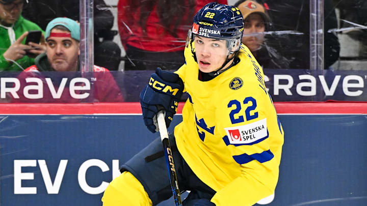 Buffalo Sabres prospect Anton Wahlberg while playing for Team Sweden in the 2025 World Juniors tournament.