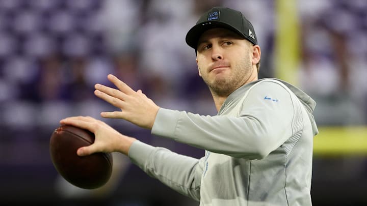 Dec 25, 2025; Minneapolis, Minnesota, USA; Detroit Lions quarterback Jared Goff (16) warms up before the game against the Minnesota Vikings at U.S. Bank Stadium. Mandatory Credit: Matt Krohn-Imagn Images
