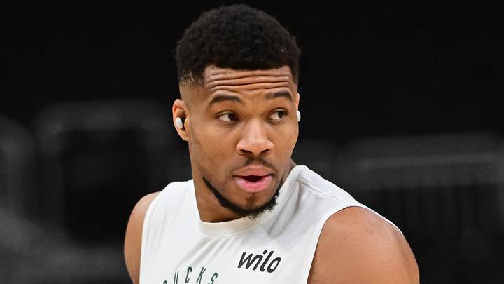 Apr 10, 2025; Milwaukee, Wisconsin, USA;  Milwaukee Bucks forward Giannis Antetokounmpo (34) warms up before game against the New Orleans Pelicans at Fiserv Forum. Mandatory Credit: Benny Sieu-Imagn Images