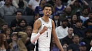 December 1, 2024; Sacramento, California, USA; San Antonio Spurs center Victor Wembanyama (1) celebrates against the Sacramento Kings during the fourth quarter at Golden 1 Center. Mandatory Credit: Kyle Terada-Imagn Images