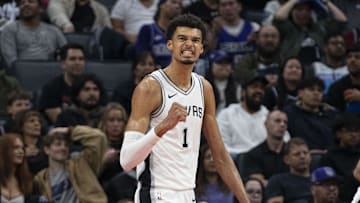 December 1, 2024; Sacramento, California, USA; San Antonio Spurs center Victor Wembanyama (1) celebrates against the Sacramento Kings during the fourth quarter at Golden 1 Center. Mandatory Credit: Kyle Terada-Imagn Images