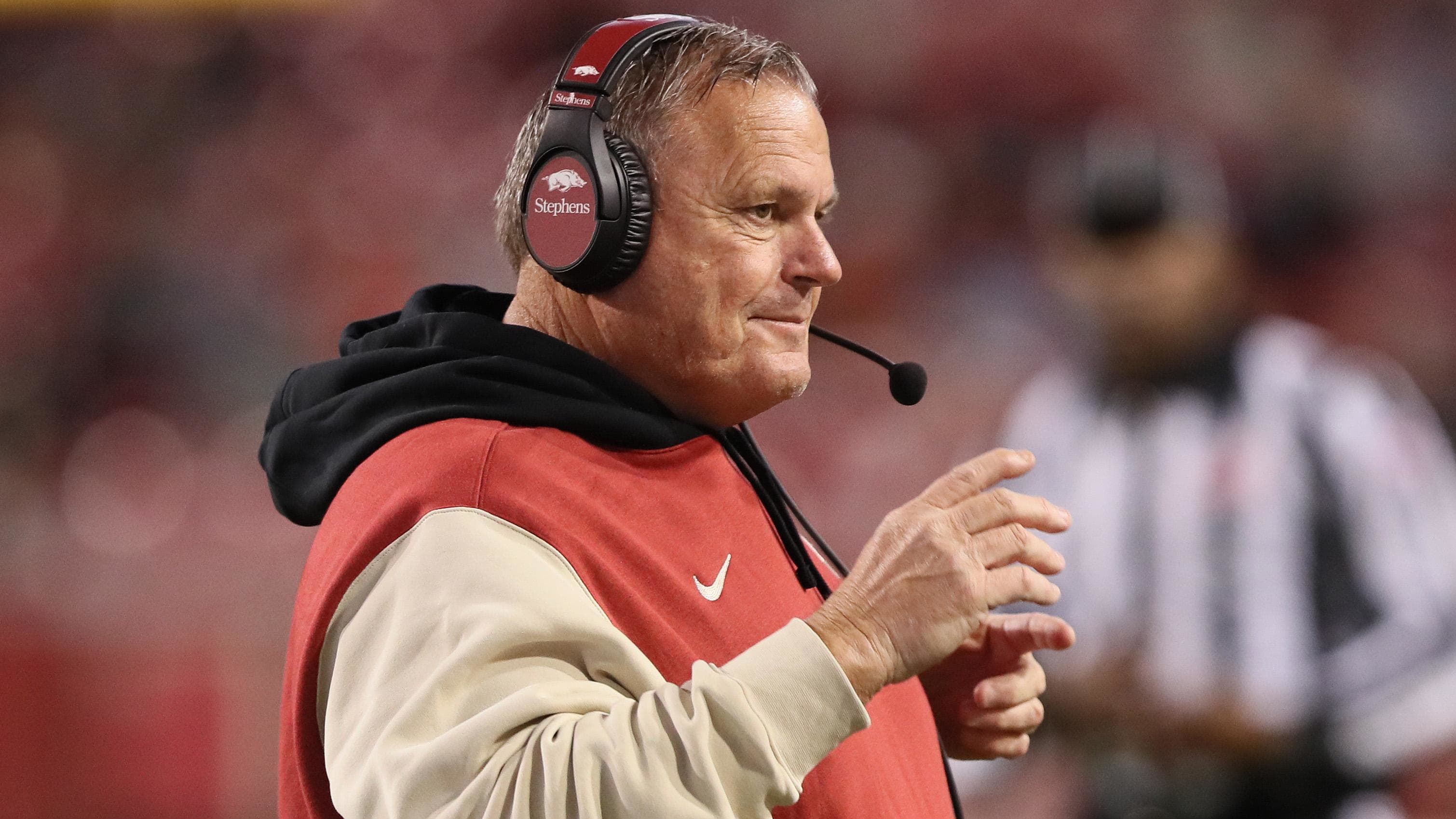 Arkansas coach Sam Pittman on the sidelines in Fayetteville, Arkansas.