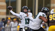 Nov 18, 2023; Laramie, Wyoming, USA; Hawaii Rainbow Warriors quarterback Brayden Schager (13) throws against the Wyoming Cowboys during the second quarter at Jonah Field at War Memorial Stadium. Mandatory Credit: Troy Babbitt-Imagn Images