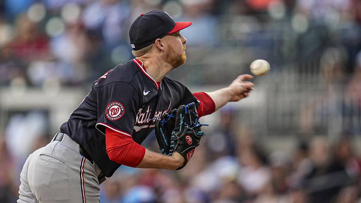 May 23, 2026; Cumberland, Georgia, USA; Washington Nationals pitcher Richard Lovelady (55) pitches against the Atlanta Braves during the ninth inning at Truist Park. Mandatory Credit: Dale Zanine-Imagn Images
