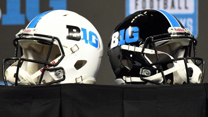 Jul 26, 2022; Indianapolis, IN, USA;  Big Ten conference helmets are displayed during Big 10 football media days at Lucas Oil Stadium. Mandatory Credit: Robert Goddin-USA TODAY Sports