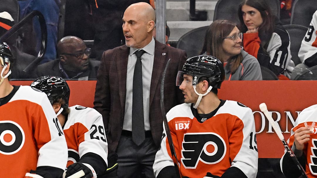 Oct 16, 2025; Philadelphia, Pennsylvania, USA; Philadelphia Flyers head coach Rick Tocchet behind the bench against the Winnipeg Jets at Wells Fargo Center. Oct 16, 2025; Philadelphia, Pennsylvania, USA; Philadelphia Flyers head coach Rick Tocchet behind the bench against the Winnipeg Jets at Wells Fargo Center.