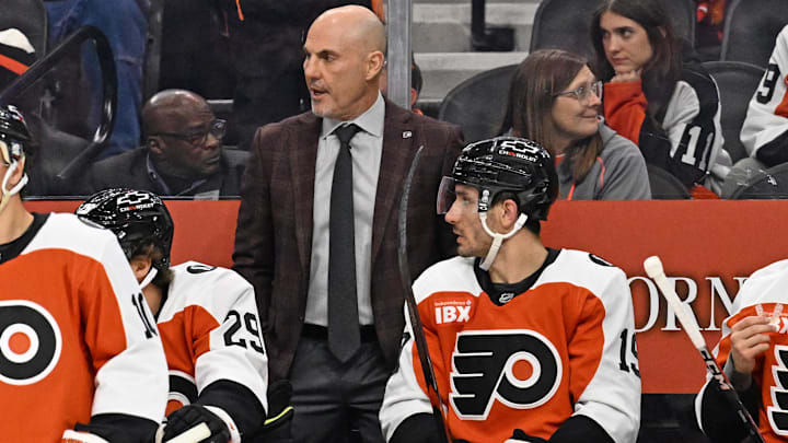 Oct 16, 2025; Philadelphia, Pennsylvania, USA; Philadelphia Flyers head coach Rick Tocchet behind the bench against the Winnipeg Jets at Wells Fargo Center. 