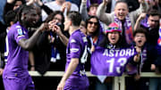 Moise Kean of ACF Fiorentina celebrates with Nicolo Fagioli...
