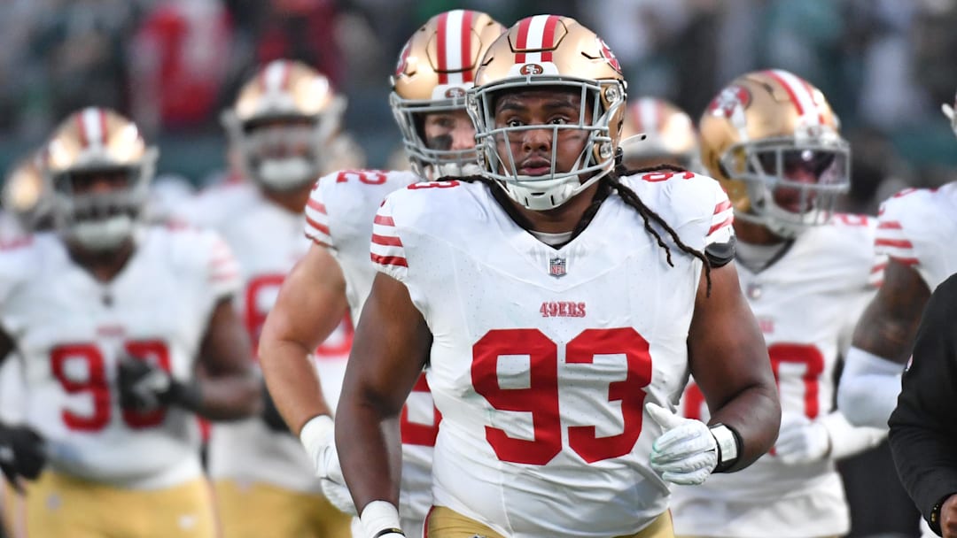 Dec 3, 2023; Philadelphia, Pennsylvania, USA; San Francisco 49ers defensive tackle Kalia Davis (93) runs off the field against the Philadelphia Eagles at Lincoln Financial Field.