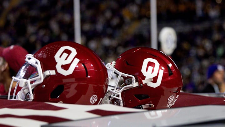 An Oklahoma helmet during the Sooners' 37–17 loss to LSU on Nov. 30, 2024.
