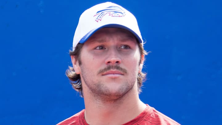 Aug 10, 2024; Orchard Park, New York, USA; Buffalo Bills quarterback Josh Allen enters the field before a pre-season game against the Chicago Bears at Highmark Stadium. 