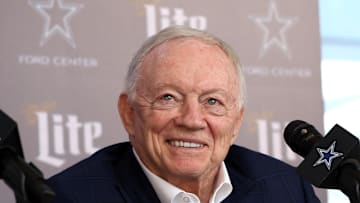 Jan 27, 2025; Frisco, TX, USA;   Dallas Cowboys owner Jerry Jones speaks to the media at a press conference at the Star.  Mandatory Credit: Tim Heitman-Imagn Images