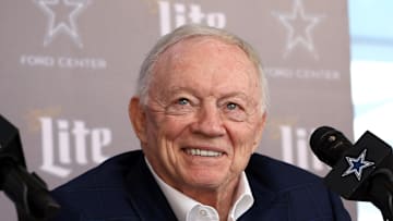 Jan 27, 2025; Frisco, TX, USA;   Dallas Cowboys owner Jerry Jones speaks to the media at a press conference at the Star.  Mandatory Credit: Tim Heitman-Imagn Images