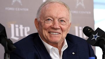 Jan 27, 2025; Frisco, TX, USA;   Dallas Cowboys owner Jerry Jones speaks to the media at a press conference at the Star.  Mandatory Credit: Tim Heitman-Imagn Images