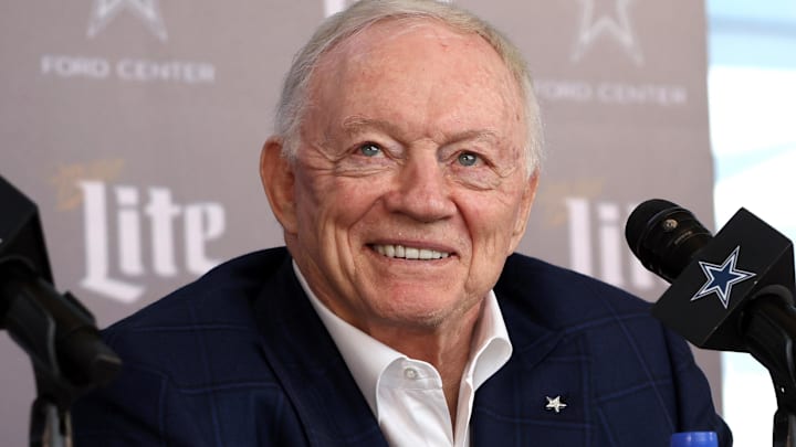 Jan 27, 2025; Frisco, TX, USA;   Dallas Cowboys owner Jerry Jones speaks to the media at a press conference at the Star.  Mandatory Credit: Tim Heitman-Imagn Images