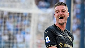 Sergej Milinkovic Savic of SS Lazio celebrates after scoring...