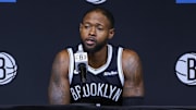 Sep 23, 2025; Brooklyn, NY, USA;  Brooklyn Nets forward Haywood Highsmith (7) speaks at Media Day. Mandatory Credit: Wendell Cruz-Imagn Images