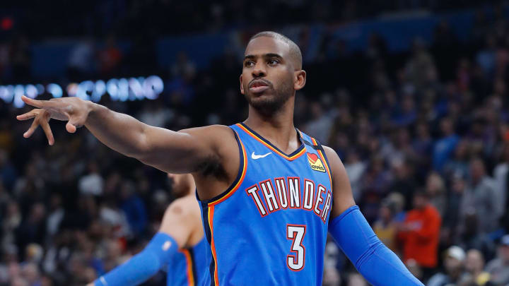 Jan 11, 2020; Oklahoma City, Oklahoma, USA; Oklahoma City Thunder guard Chris Paul (3) waves to the Los Angeles Lakers bench before the start of their game at Chesapeake Energy Arena. Mandatory Credit: Alonzo Adams-USA TODAY Sports