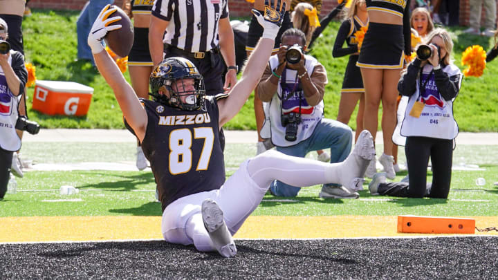 Oct 7, 2023; Columbia, Missouri, USA; Missouri Tigers tight end Brett Norfleet (87) celebrates after scoring against the LSU Tigers during the first half at Faurot Field at Memorial Stadium. Mandatory Credit: Denny Medley-USA TODAY Sports