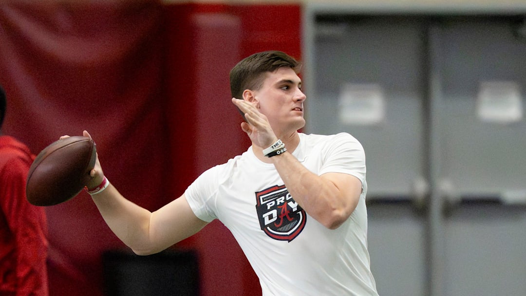 March 25, 2026; Tuscaloosa, AL, USA; Quarterback Ty Simpson throws during Pro Day in the Hank Crisp Indoor Practice Facility at the University of Alabama.