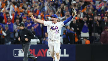 Oct 9, 2024; New York, New York, USA; New York Mets first baseman Pete Alonso (20) celebrates after defeating the Philadelphia Phillies in game four of the NLDS for the 2024 MLB Playoffs at Citi Field. Mandatory Credit: Wendell Cruz-Imagn Images