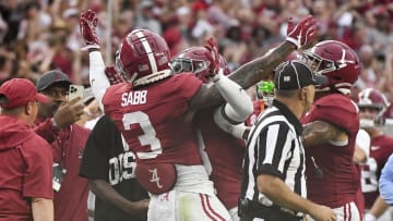 Aug 31, 2024; Tuscaloosa, Alabama, USA;  Alabama Crimson Tide defensive back Keon Sabb (3) celebrates with teammates after getting his second interception of the first half against the Western Kentucky Hilltoppers during the first half at Bryant-Denny Stadium.  Mandatory Credit: Gary Cosby Jr.-USA TODAY Sports