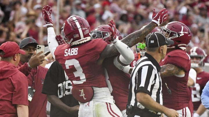 Aug 31, 2024; Tuscaloosa, Alabama, USA;  Alabama Crimson Tide defensive back Keon Sabb (3) celebrates with teammates after getting his second interception of the first half against the Western Kentucky Hilltoppers during the first half at Bryant-Denny Stadium.  Mandatory Credit: Gary Cosby Jr.-USA TODAY Sports